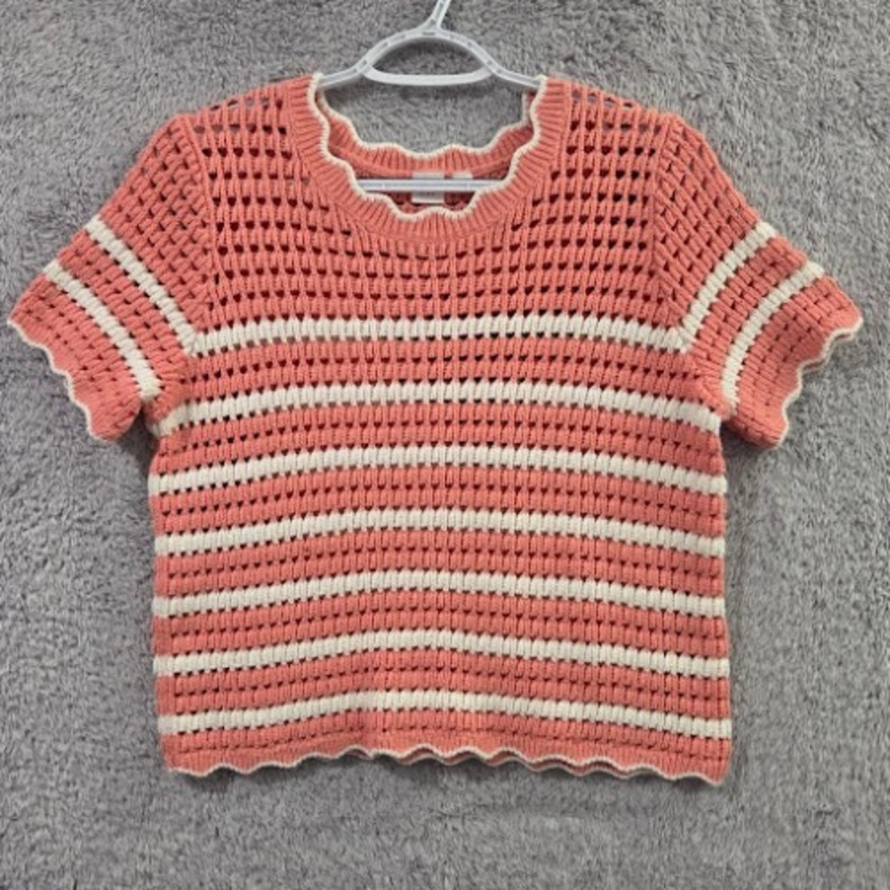 Gap Crochet Sweater Women's Small Pink Cream Striped Scalloped Short Sleeve